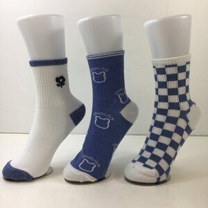 Womens Crew Socks 3 Pack Cute Bears Checkered Flower Ribbed Blue White Black
